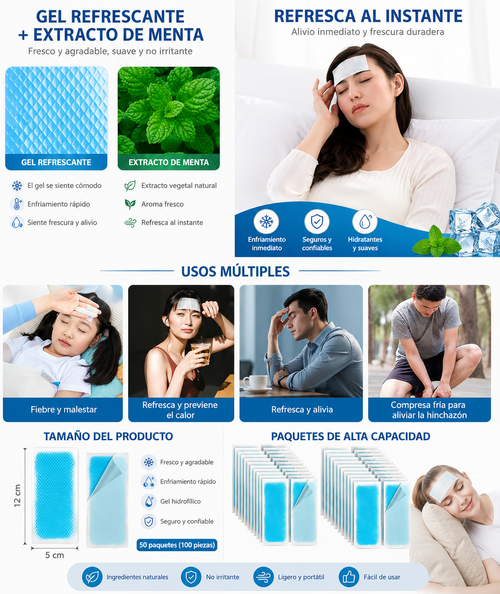 Parches de Gel Refrescante para Fiebre, Migrañas y Dolor de Cabeza